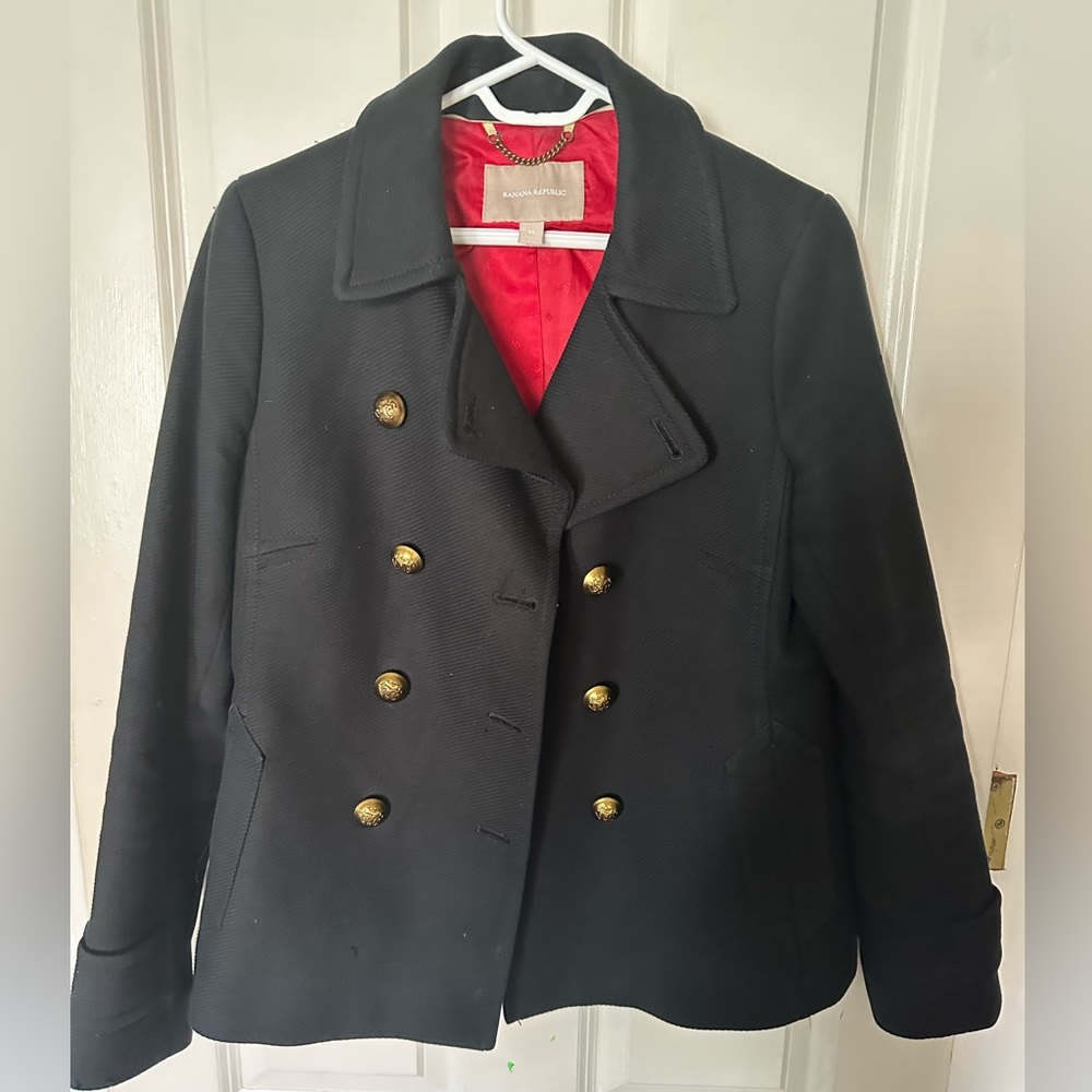 Banana Republic Navy Pea Coat, shell Cotton, lining polyester: pit to pit 19”